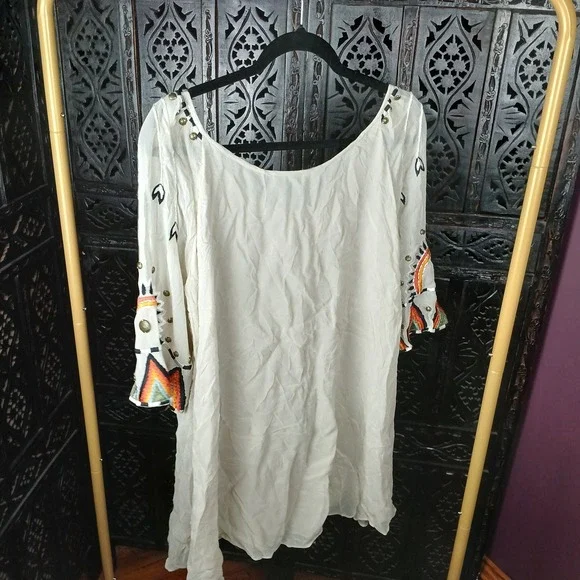 Vintage Collection Embroidered Beaded Boho Cream Rainbow Tunic Top Women Medium - Picture 6 of 10